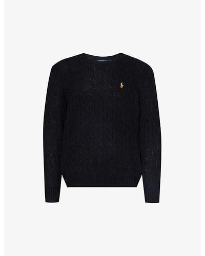 Polo Ralph Lauren Brand-embroidered Cable-knit Wool And Cashmere-blend Sweater - Black
