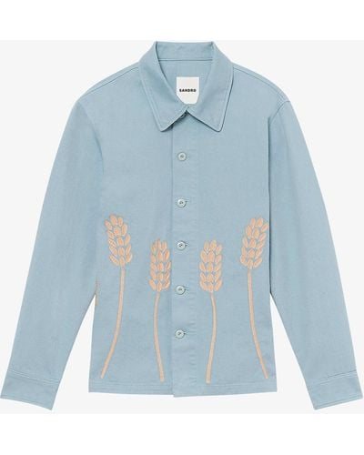 Sandro Wheat-embroidered Organic Cotton Canvas Worker Jacket - Blue