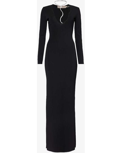 AYA MUSE V-neck Crystal-embellished Woven-blend Midi Dress - Black