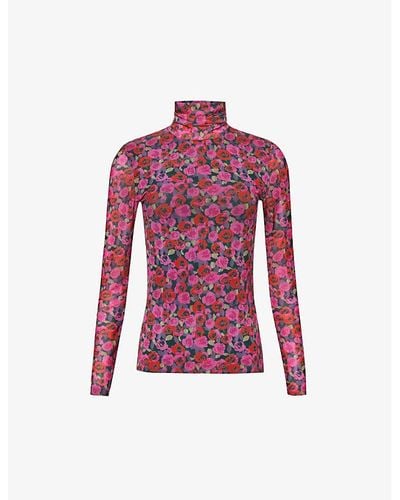 Ganni High-neck Floral-print Recycled-polyamide Mesh Top - Red