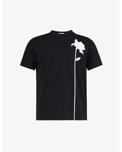Valentino Floral-motif Crewneck Cotton-jersey T-shirt - Black