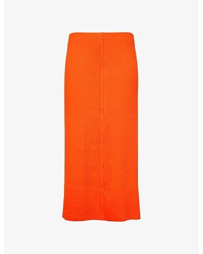 Vince Elasticated-waist Rib-knit Cotton-blend Jersey Midi Skirt - Orange