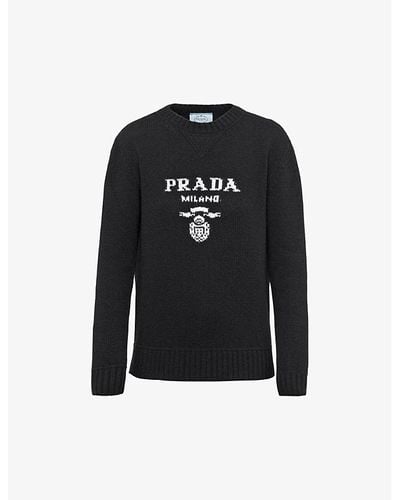 Prada Logo-intarsia Cashmere And Wool-blend Sweater - Black