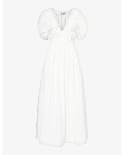 Faithfull The Brand Teatro V-neck Gathered-waist Silk And Cotton-blend Midi Dress - White