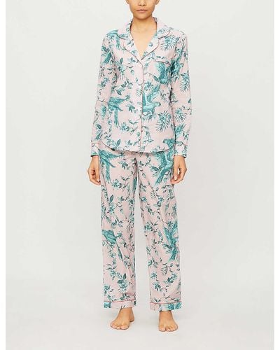 Desmond & Dempsey Bromley Parrot Printed Organic Cotton Pyjama Set X - Blue
