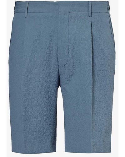 Corneliani Seersucker Mid-rise Cotton Shorts - Blue