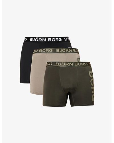 Björn Borg Performance Branded-waistband Pack Of Three Stretch Recycled-polyester Boxers Xx - Green
