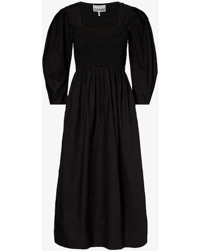 Ganni Smocked Puffed-sleeve Organic-cotton Maxi Dress - Black