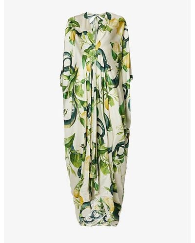 Roberto Cavalli V-neck Graphic-pattern Silk Maxi Dress - Green
