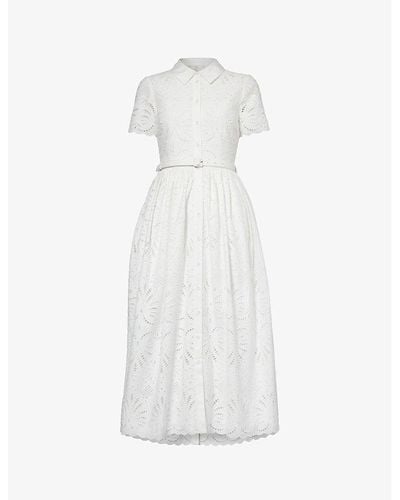 Self-Portrait Broderie-anglaise Belted-waist Cotton Midi Dress - White