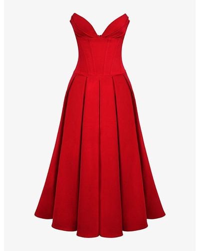 House Of Cb Lady Plunge-neck Stretch-cotton Midi Dress - Red