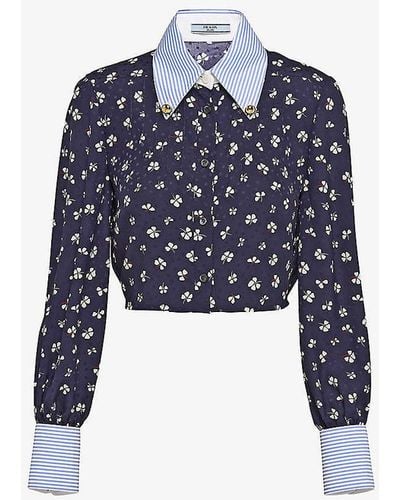 Prada Floral-pattern Cropped Silk Shirt - Blue