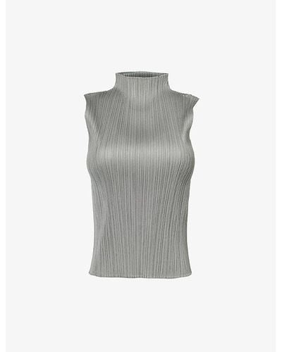 Pleats Please Issey Miyake Basic High-neck Pleated Woven Top - Gray