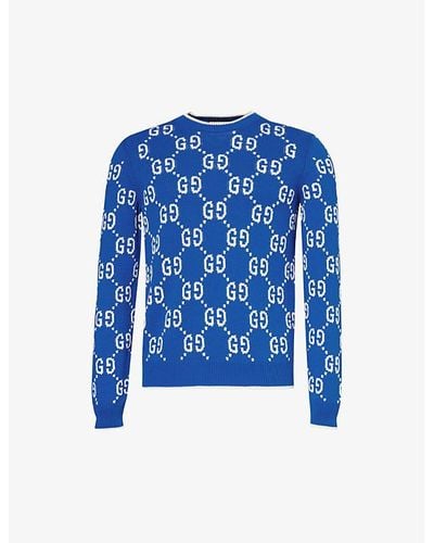 Gucci Monogram-pattern Crewneck Cotton-knit Sweater - Blue