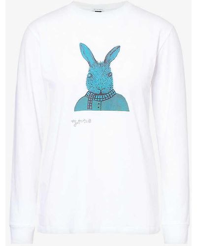 Bella Freud Mythological Bunny Graphic-print Organic-cotton T-shirt - Blue