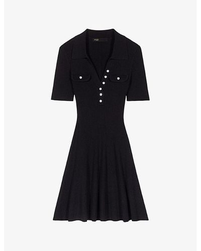 Maje Open-collar Short-sleeve Stretch-knit Mini Dress - Black