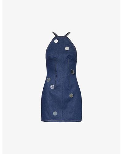 David Koma Mirrored-embellishments Mid-wash Denim Mini Dress - Blue