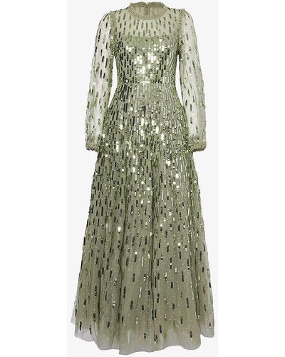 Needle & Thread Sequin-embellished Frill-trim Recycled-polyester Maxi Dress - Green