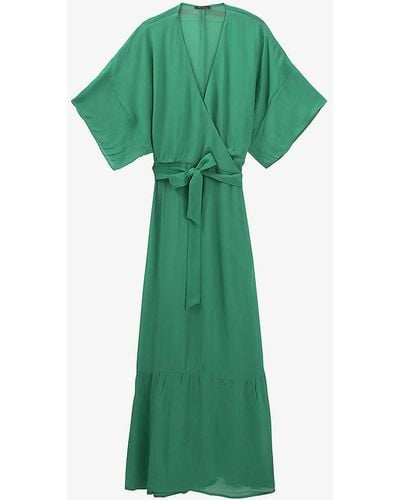 IKKS Frill-hem Short-sleeve Woven Wrap Midi Dress - Green