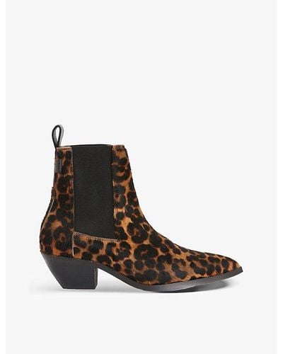 AllSaints Fox Leopard-print Heeled Leather Ankle Boots - Brown
