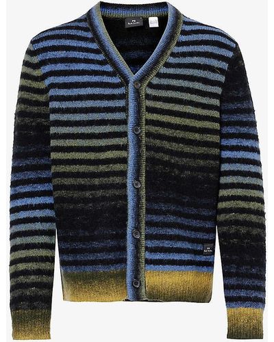 PS by Paul Smith Gradient-striped V-neck Wool-blend Cardigan X - Blue