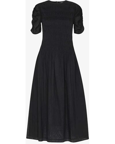 Whistles Avery Ruched-sleeve Smocked Cotton Midi Dress - Black