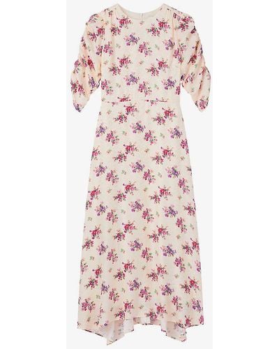 LK Bennett Delilah Bouquet-print Ruched-sleeve Silk Midi Dress - Pink