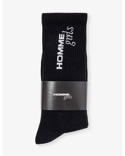 HOMMEGIRLS Brand-print Ribbed-trim Cotton-blend Socks - Black