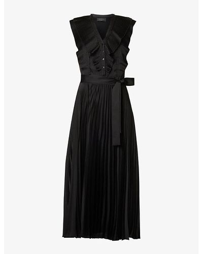 IKKS Pleated-panel Sleeveless Satin Maxi Dress - Black