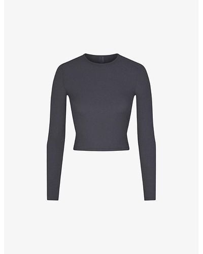 Skims Soft Lounge Long-sleeve Cropped Stretch-jersey Top - Blue