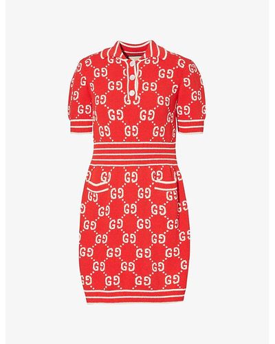 Gucci Monogram-print V-neck Cotton-blend Mini Dress - Red