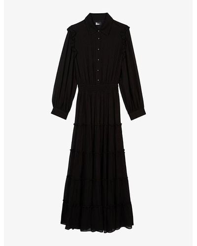 The Kooples Smocked-waist Long-sleeve Woven Maxi Dress - Black