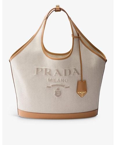 Prada Logo-embossed Large Linen And Leather Tote Bag - Gray