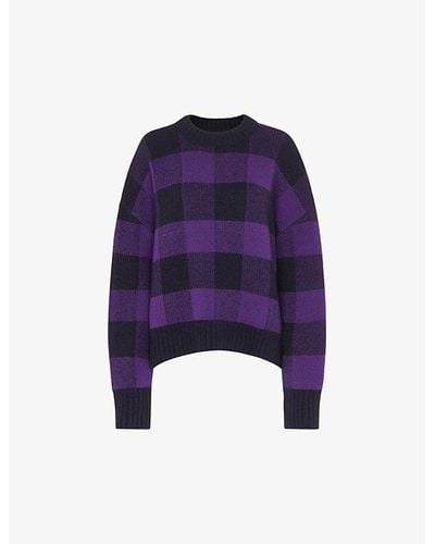 Whistles Checked Relaxed-fit Stretch Wool-blend Sweater - Blue