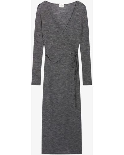 Claudie Pierlot V-neck Long-sleeve Wrap Wool Midi Dress - Grey