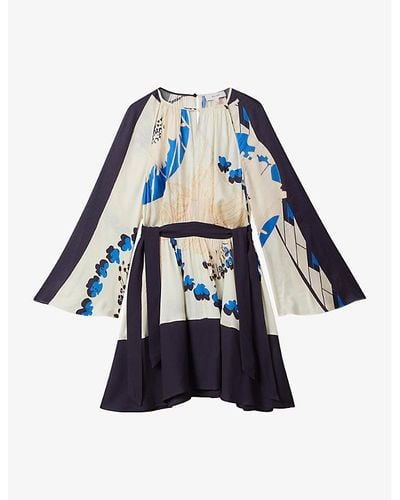 Reiss Sasha Graphic-print Cut-out Woven Mini Dress - Blue