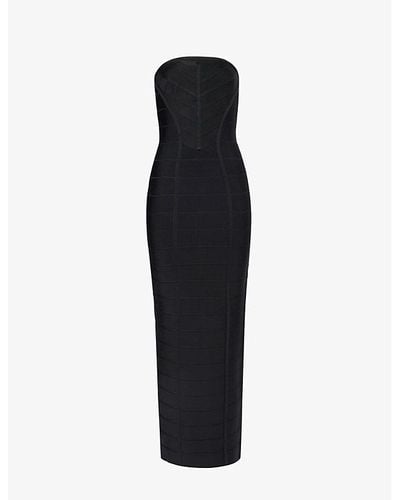 Hervé Léger Chevron-patterned Slim-fit Recycled Rayon-blend Knitted Gown - Black