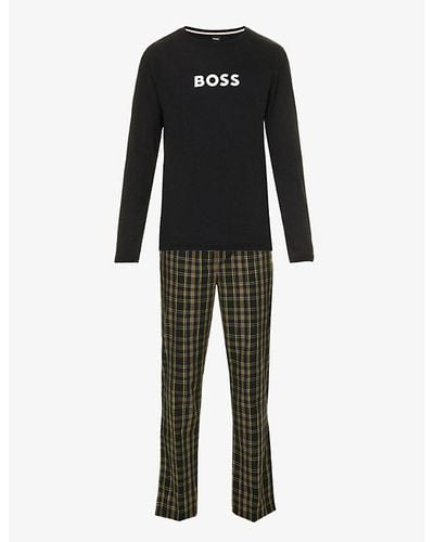 BOSS Branded Long-sleeved Stretch-cotton Pajamas Xx - Black
