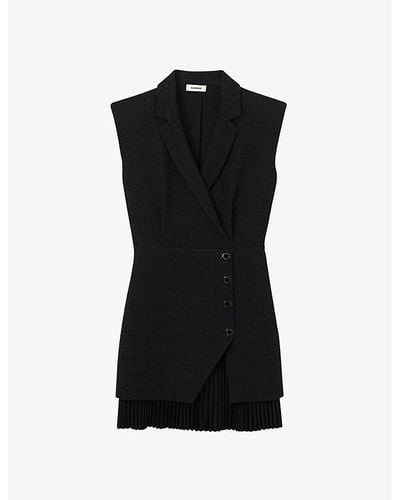 Sandro Alexandrie V-neck Pleated Cotton-blend Mini Dress - Black