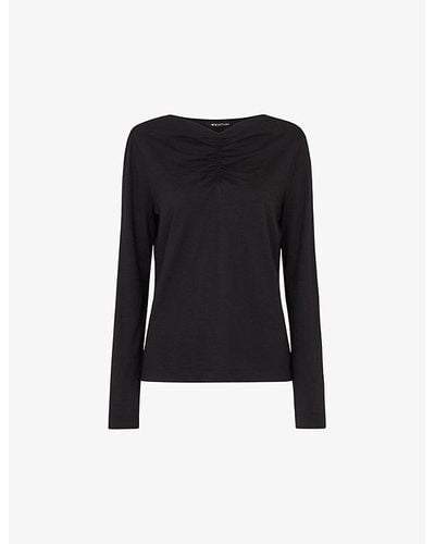 Whistles Ruched V-neck Cotton And Modal-blend Top - Black