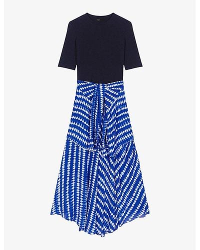Maje Contrast-skirt Woven Midi Dress - Blue