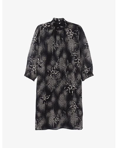 IKKS Floral-print Ruffle-collar Woven Mini Dress - Black