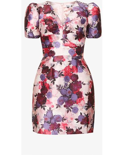 Chi Chi London Floral-print V-neck Satin-crepe Mini Dress - Pink