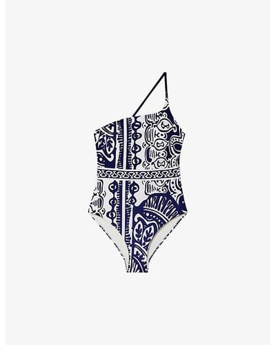 Reiss Vy/white Oliva One-shoulder Graphic-print Swimsuit - Blue