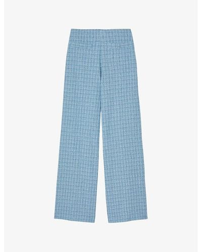 Sandro Tweed-textured Wide-leg High-rise Cotton-blend Pants - Blue
