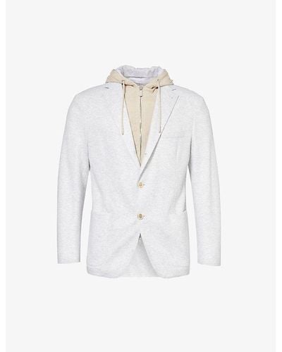 Eleventy Hooded Notched-lapel Linen And Cotton-blend Blazer - White
