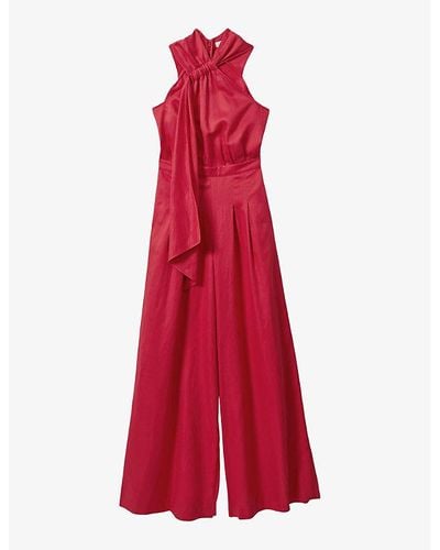 Reiss Selena Halter-neck Drape Linen Jumpsuit - Red