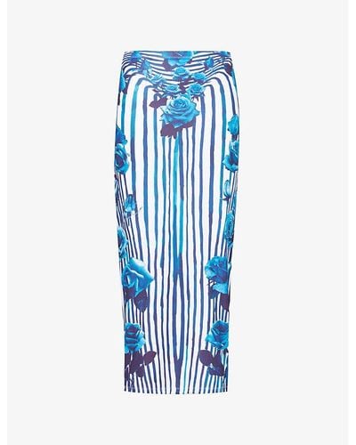 Jean Paul Gaultier White Vy Striped Floral-print Stretch-woven Maxi Skirt - Blue