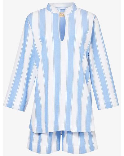 Desmond & Dempsey Stripe-print Boat-collar Stretch-cotton Pyjama Set - Blue