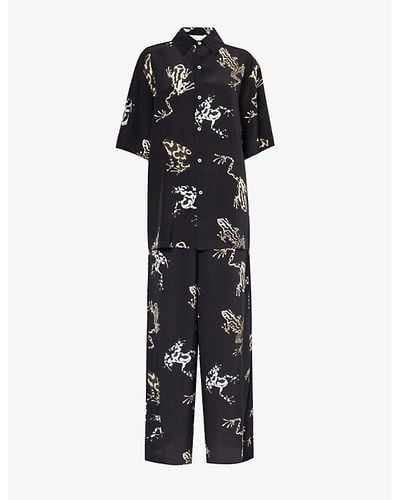 Olivia Von Halle Alabama Graphic-pattern Silk Pajama Set - Black